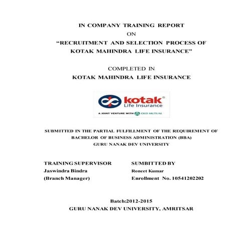 Kotak mahindra life insurance project report on recruitment and selection pro...