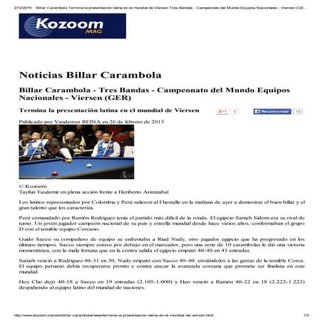 PERÛ FINALIZA SU PARTICIPACIÒN EN MUNDIAL DE BILLAR EQUIPOS