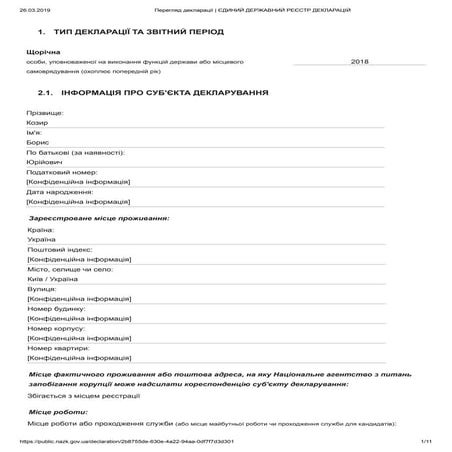 Декларация Б.Козыря за 2018