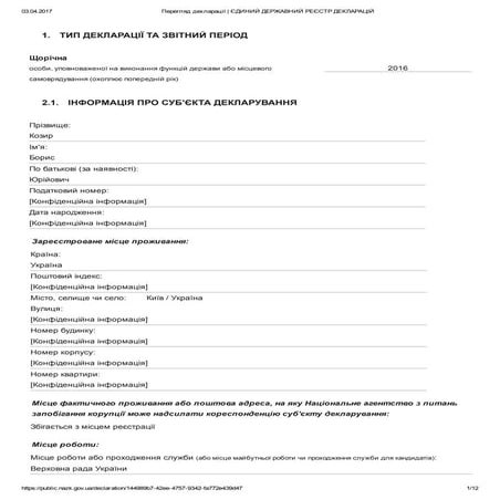 Козырь, э-декларация 2016