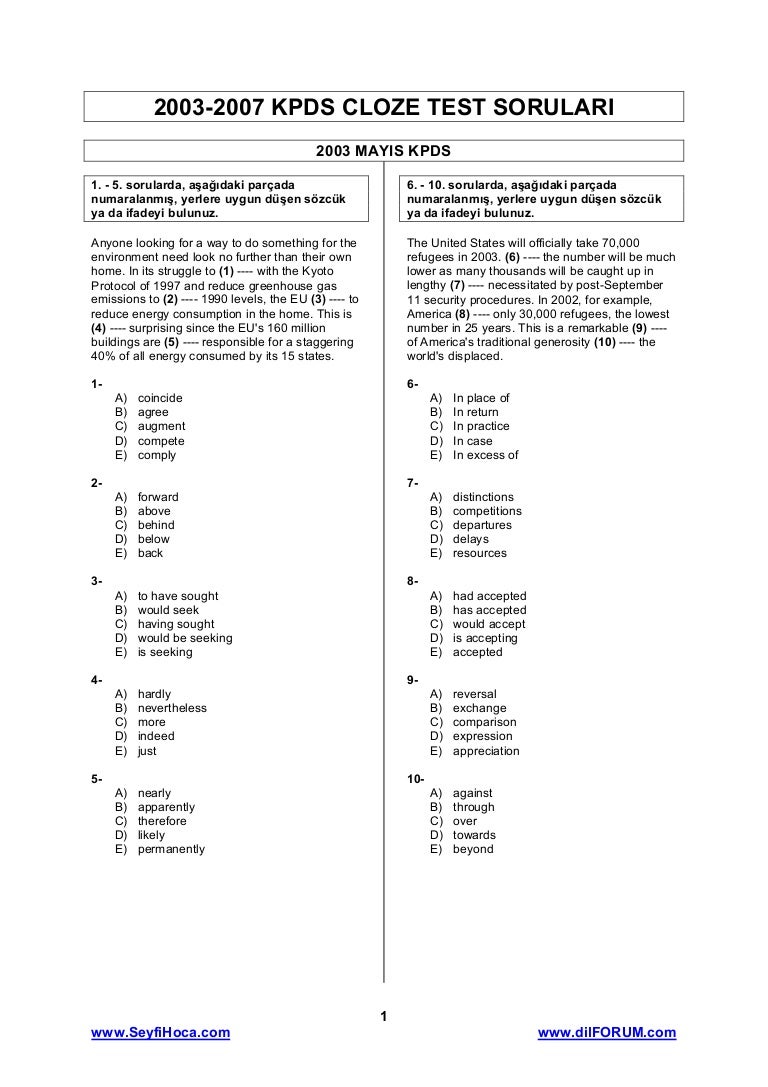 Kpds Cloze Test Sorulari 2003 2007