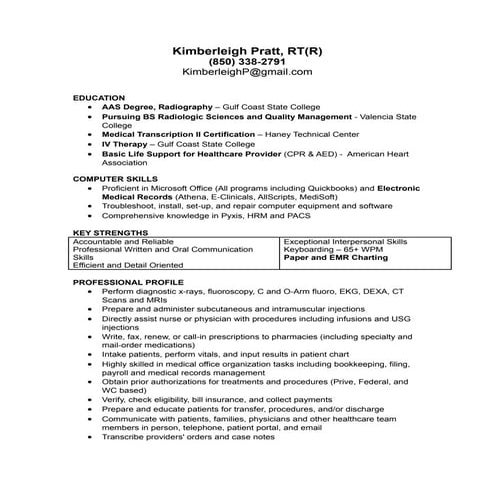 Kimberleigh Pratt, RT(R) Resume | RTF