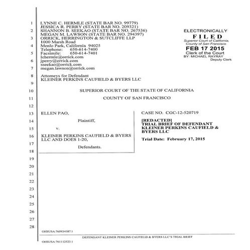 Kleiner Perkins Trial Brief in Ellen Pao Gender Discrimination Lawsuit ...