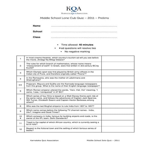 KQA Middle School Solo Quiz 2011 Prelims questions only