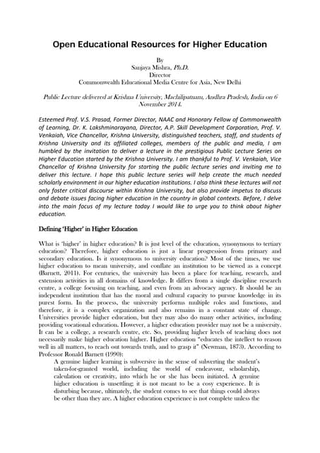 Open Educational Resources for Higher Education