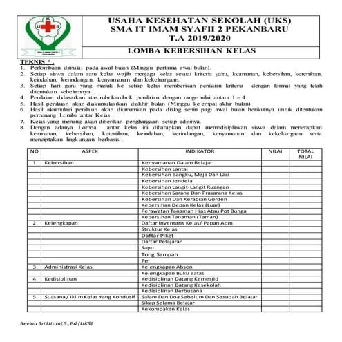 KRITERIA PENILAIAN LOMBA KEBERSIHAN KELAS
