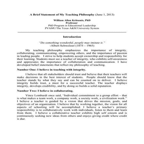 NEW YORK TIMES - Dr. William Allan Kritsonis - Philosophy of Teaching