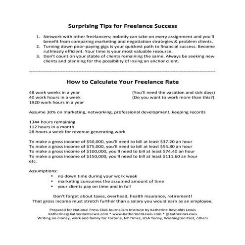 Katherine Reynolds Lewis handout on freelance writing success for National Press Club bootcamp June 2014