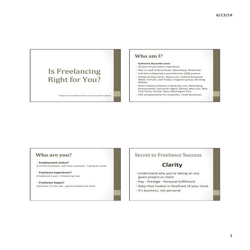 Katherine Reynolds Lewis slides on freelance writing success for National Press Club bootcamp June 2014