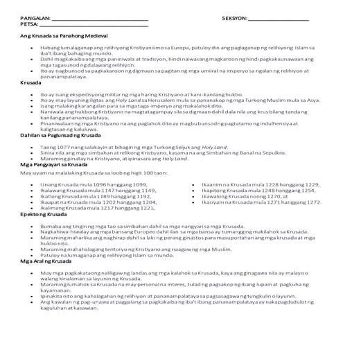 Krusada (Crusades). Seatwork/ Activity/ Worksheets/ Gawain