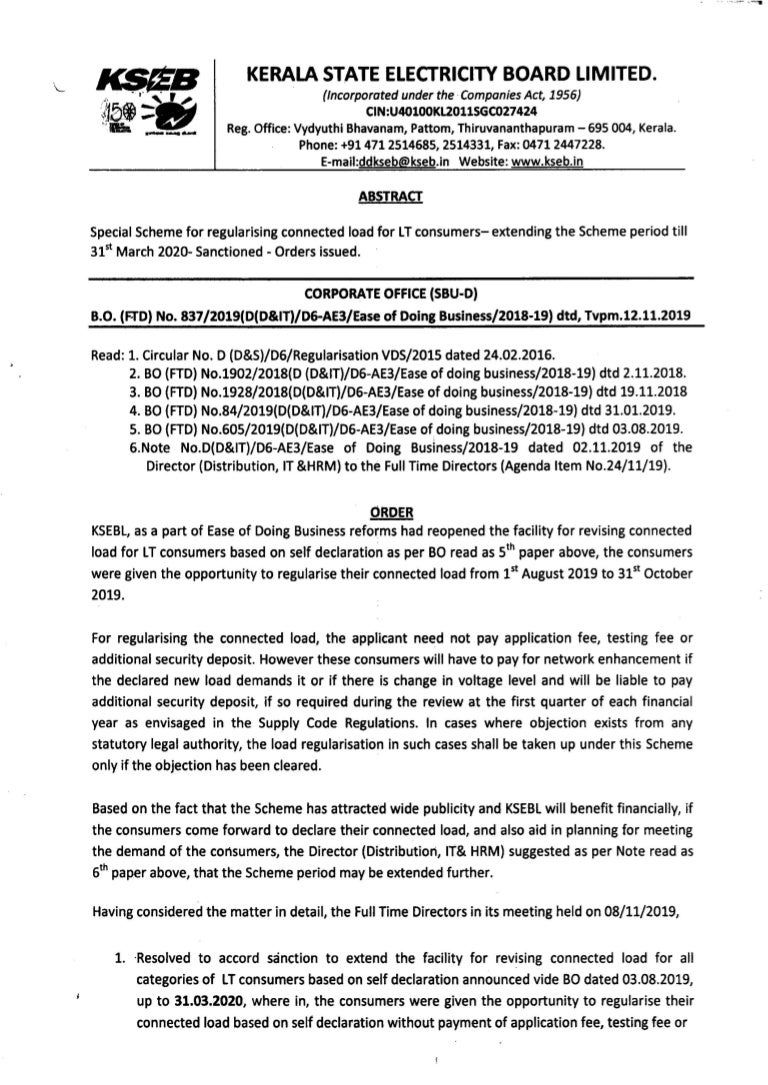 Kseb electric connection load regularising order Last date for givi…