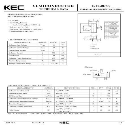 Original NPN Transistor KTC3875S-Y-RTK 150mA 60V SOT-23 ALO ALY SMD ...