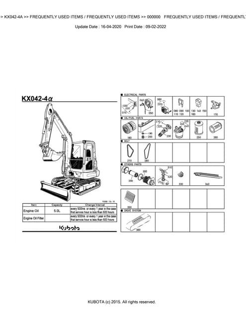 Kubota KX042-4 Excavator Parts Catalogue Manual (Publishing ID