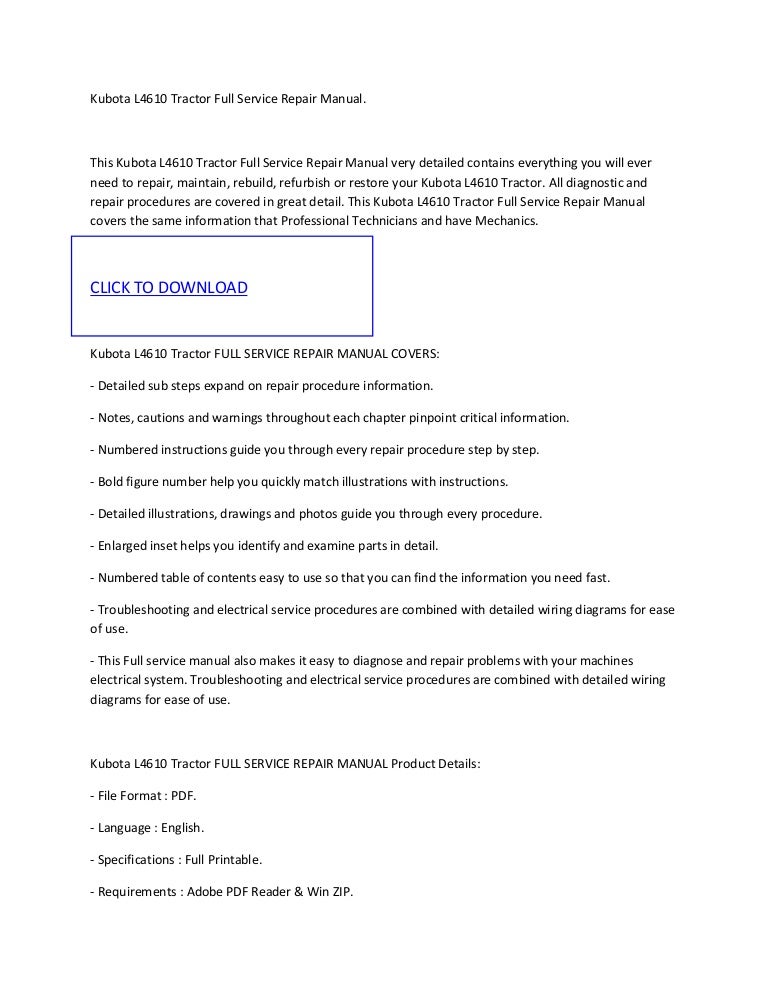 Kubota l4610 tractor full service manual repair