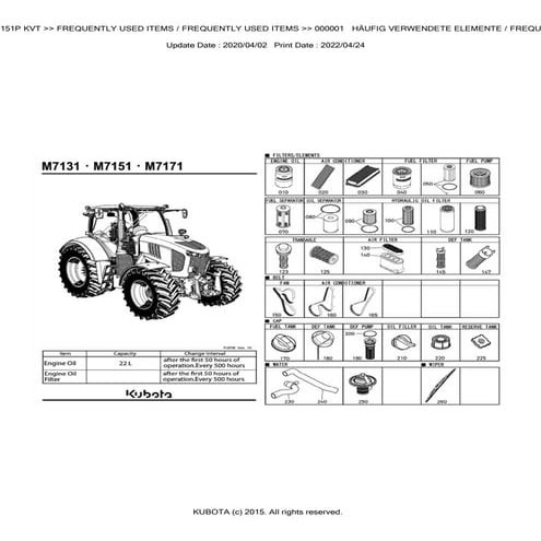 Kubota M7151P KVT Tractor Parts Catalogue Manual (Publishing ID ...