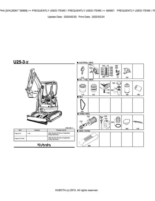 Kubota U25-3 ALPHA (SN 20001-59999) Excavator Parts