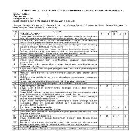Kuesioner    evaluasi  proses pembelajaran  oleh  mahasiswa