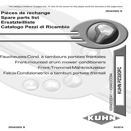 KUHN PZ320FC Front-mounted drum mower conditioners parts list