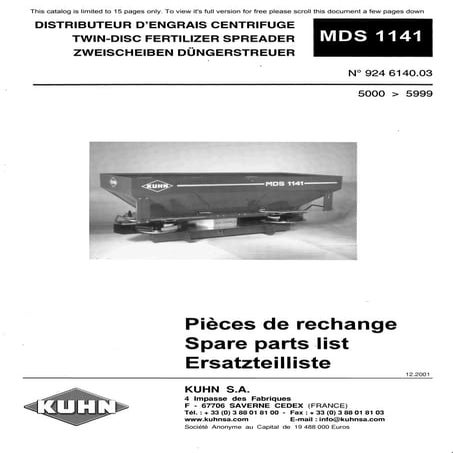 Kuhn twin-disc fertilizer spreader MDS1141 Spare parts list