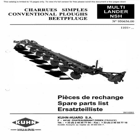 Kuhn Multi-Lander NSN Conventional Ploughs Spare parts list