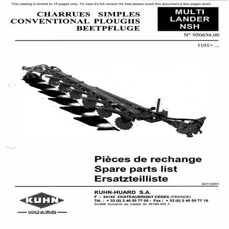 Kuhn Multi-Lander NSH Conventional ploughs Spare parts list
