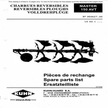Kuhn Multi-Master 151AV Charrues Reversible Ploughs Spare parts List