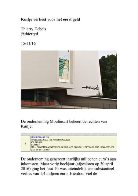 Kuifje verliest voor het eerst geld