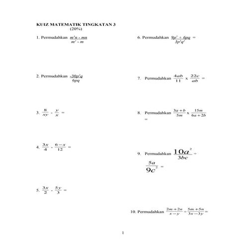 Kuiz matematik tingkatan 3(ungkapanalgebra)