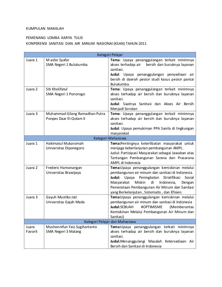 Kumpulan Karya Tulis Pemenang Lomba Penulisan Konperensi Sanitasi Dan