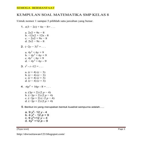 Kumpulan soal matematika smp kelas 8