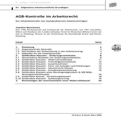 Benclowitz: AGB-Kontrolle im Arbeitsrecht