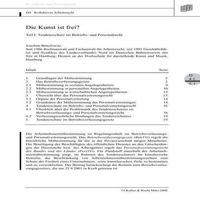 Benclowitz: Die Kunst ist frei!? Teil I: Tendenzschutz im Betriebs- und Perso...