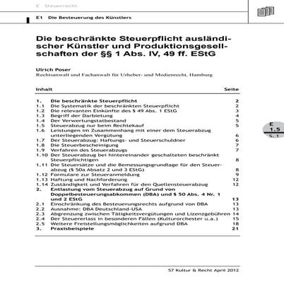 Ulrich Poser: Die beschränkte Steuerpflicht ausländischer Künstler