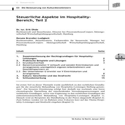 Ohde, Brendler-Lodigkeit: Steuerliche Aspekte im Hospitality- Bereich, Teil 2