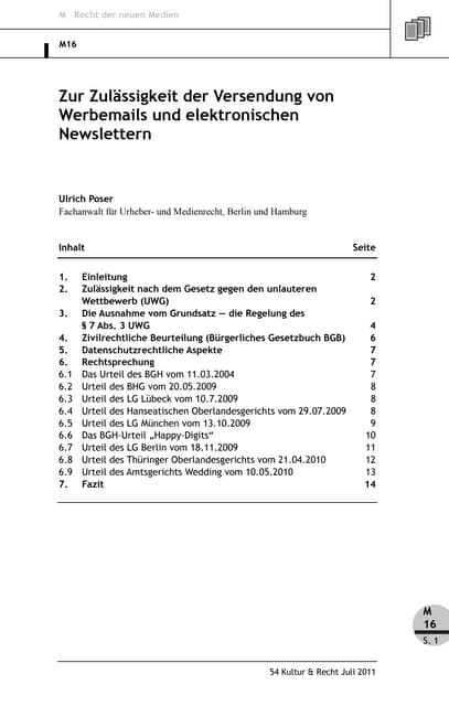 Poser: Zur Zulässigkeit der Versendung von Werbemails und elektronischen News...