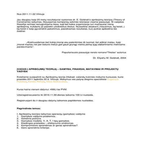Įvadas į Apribojimų teoriją - kursų aprašymas