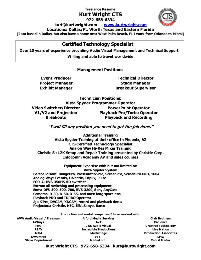 kurt wright cts freelance and experience resumes 972 658 6334 2013 freelance av