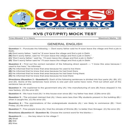 KVS DSSSB PRT TGT Mock Test With Answers CGS Coaching PDF
