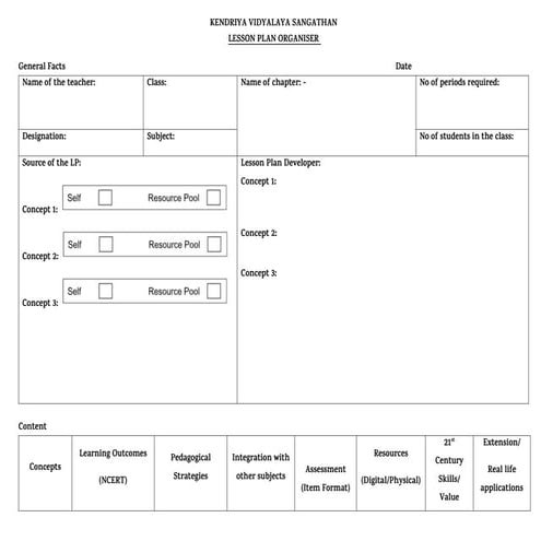 KVS_Lesson plan organiser format for teachers | DOCX