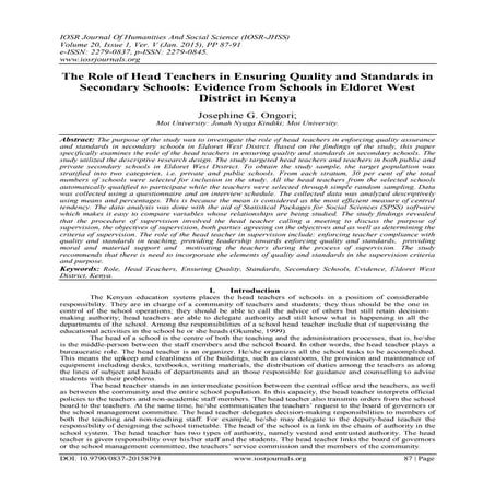 The Role of Head Teachers in Ensuring Quality and Standards in Secondary Scho...