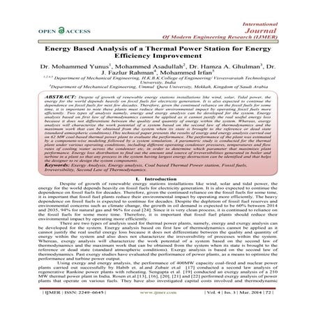 Energy Based Analysis of a Thermal Power Station for Energy Efficiency Improv...
