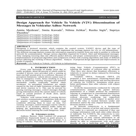 Design Approach for Vehicle To Vehicle (V2V) Dissemination of Messages in Veh...