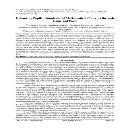 Enhancing Pupils’ Knowledge of Mathematical Concepts through Game and Poem