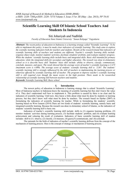 Scientific Learning Skill Of Islamic School Teachers And Students In Indonesia