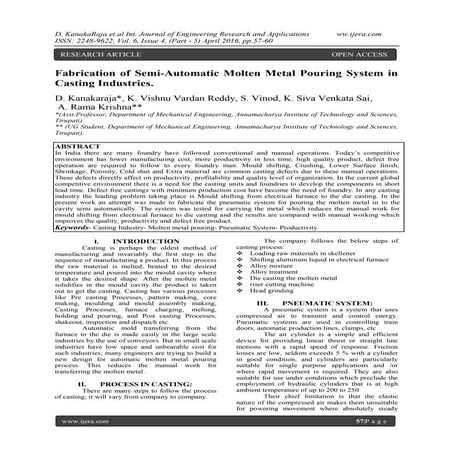 Fabrication of Semi-Automatic Molten Metal Pouring System in Casting Industries.