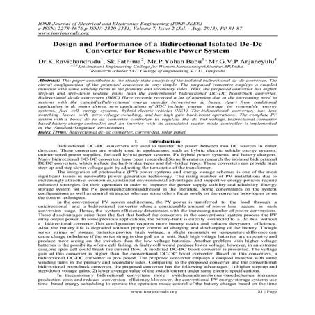 Design and Performance of a Bidirectional Isolated Dc-Dc Converter for Renewa...