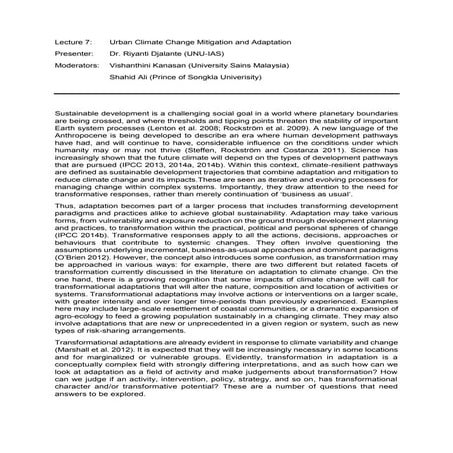 Summary - Lecture 7: Urban Climate Change Mitigation and Adaptation