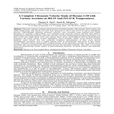 A Complete Ultrasonic Velocity Study of Decane-1-Ol with Various Acrylates at...
