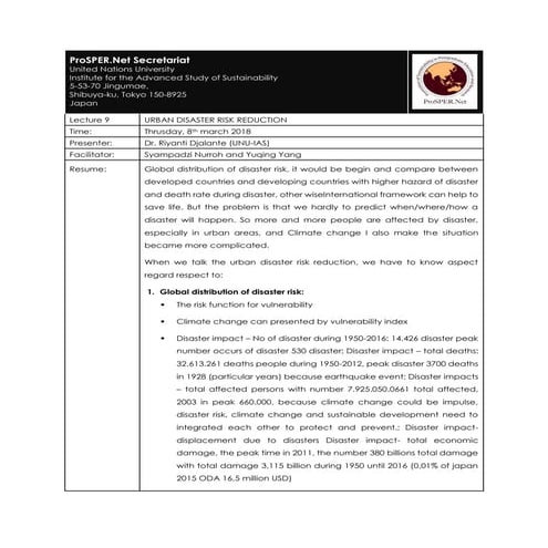 Summary Lecture 9 Urban Disaster Risk Reduction Pdf