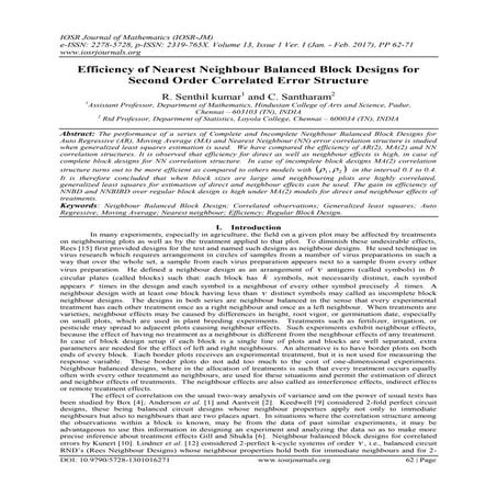 Efficiency of Nearest Neighbour Balanced Block Designs for Second Order ...